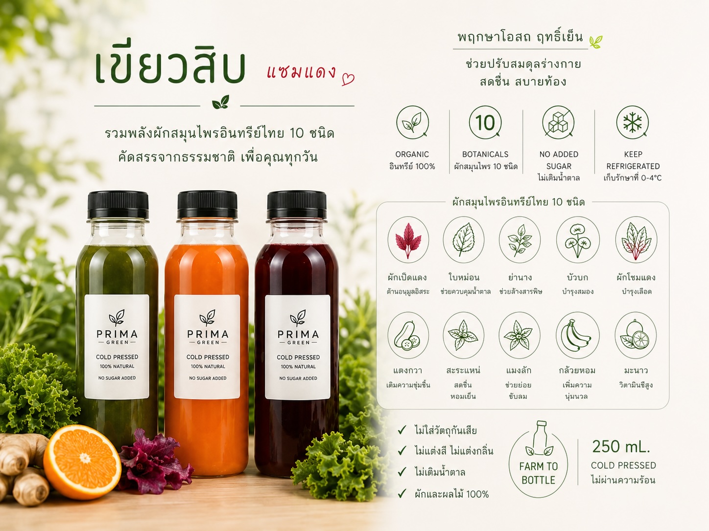 เขียวสิบ แซมแดง — น้ำสกัดเย็นผักสมุนไพรอินทรีย์ไทย 10 ชนิด